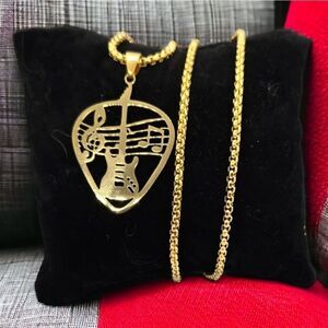 Guitar Pick Pendant Gold Stainless Steel Necklace Guitarist Gift Band Player
